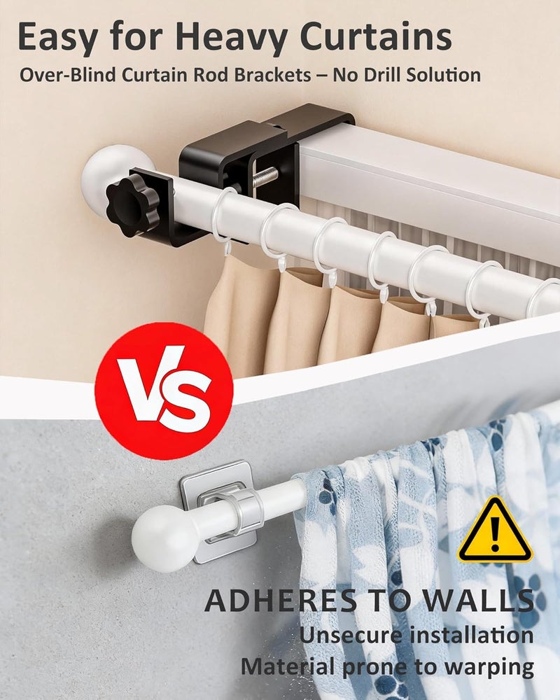 Mimiio Over Blinds Curtain Rod Brackets for Outside Mounted, No-Drill Blinds Curtain Rod Holders for 1.3-2" Rectangular Headrails, Tool-Free & No Wall Damage, Apartment & Renter Friendly (Set of 2, Black) - Image 4